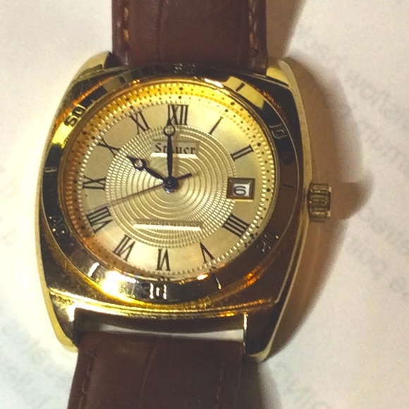 STAUER Gold and Brown Cushion Face Watch with Date Window